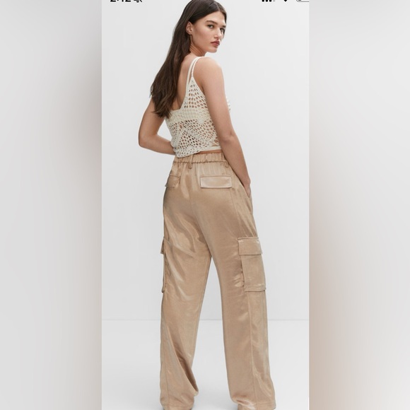 Mango Satin Tan Cargo Pants size S - Picture 2 of 4